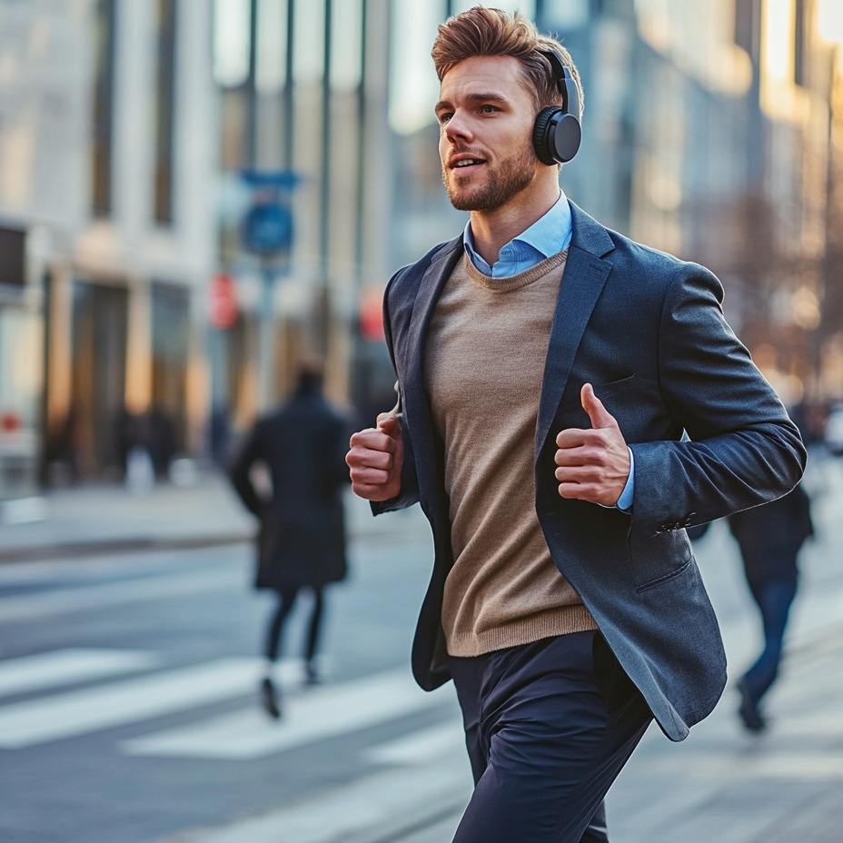 Dynamischer Business Mann joggt in Anzug und trägt Kopfhörer